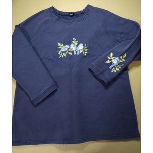 Links Women's Navy Embroidered Birds Sweatshirt SZ L Grandma Cottage Core